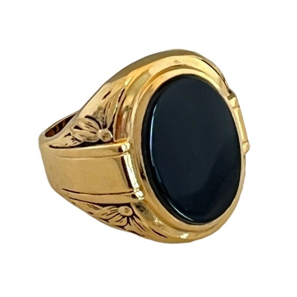 Vintage 1960s Black Onyx Ring Size 10 Clark & Coombs 18K Gold Plate - 14B